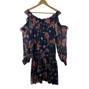 Johnny Was 100% Silk Floral Cold Shoulder Smocked Mini Dress XL Boho Romantic